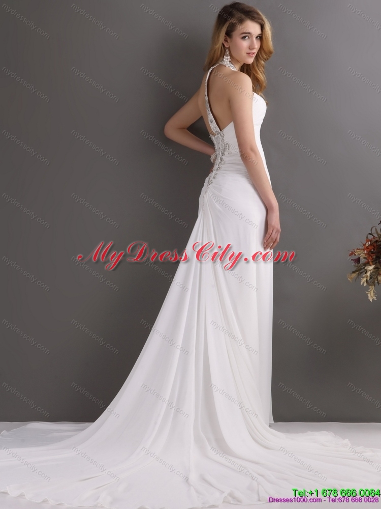 Beautiful 2015 Halter Top White Prom Dress with Ruching and Beading
