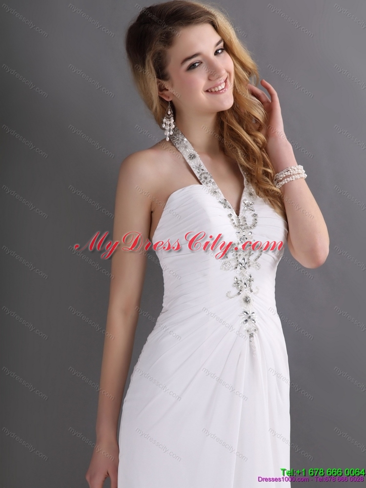 Beautiful 2015 Halter Top White Prom Dress with Ruching and Beading