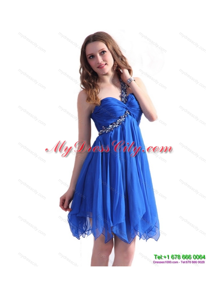 Designer Blue One Shoulder Prom Dresses with Ruffles