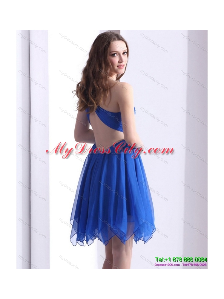 Designer Blue One Shoulder Prom Dresses with Ruffles