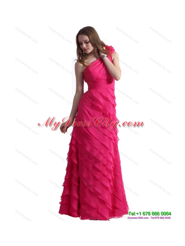 Designer One Shoulder Prom Dresses with Ruffled Layers and Hand Made Flower