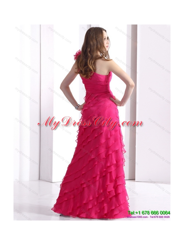 Designer One Shoulder Prom Dresses with Ruffled Layers and Hand Made Flower