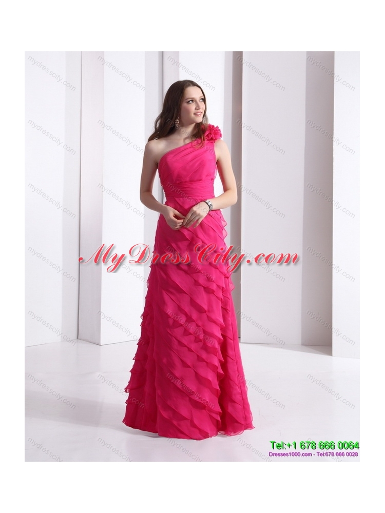Designer One Shoulder Prom Dresses with Ruffled Layers and Hand Made Flower
