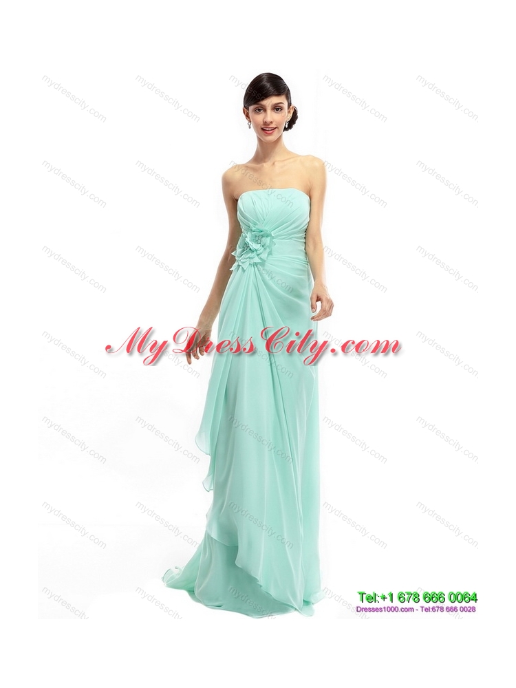 Designer Sweep Train Apple Green Prom Dresses with Ruching and Hand Made Flower