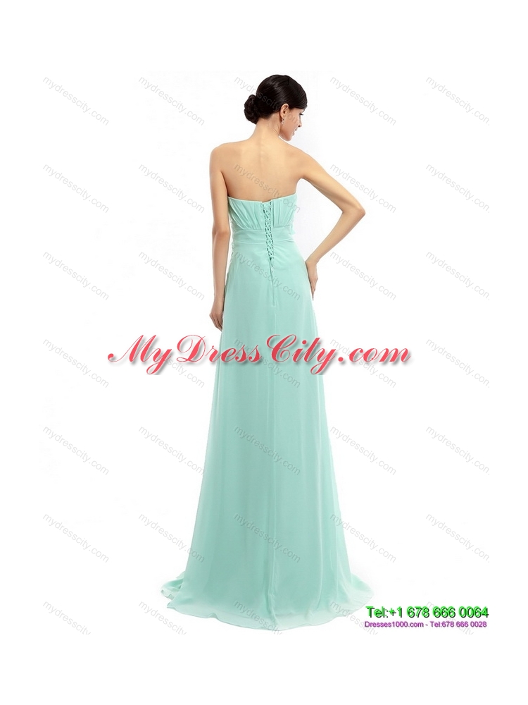Designer Sweep Train Apple Green Prom Dresses with Ruching and Hand Made Flower
