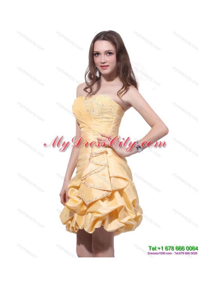 Gold Mini Length Prom Dresses with Beading and Pick Ups