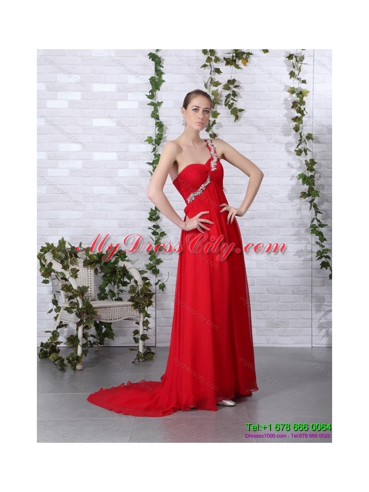 Popular 2015 One Shoulder Red Prom Dress with Beadings and Brush Train