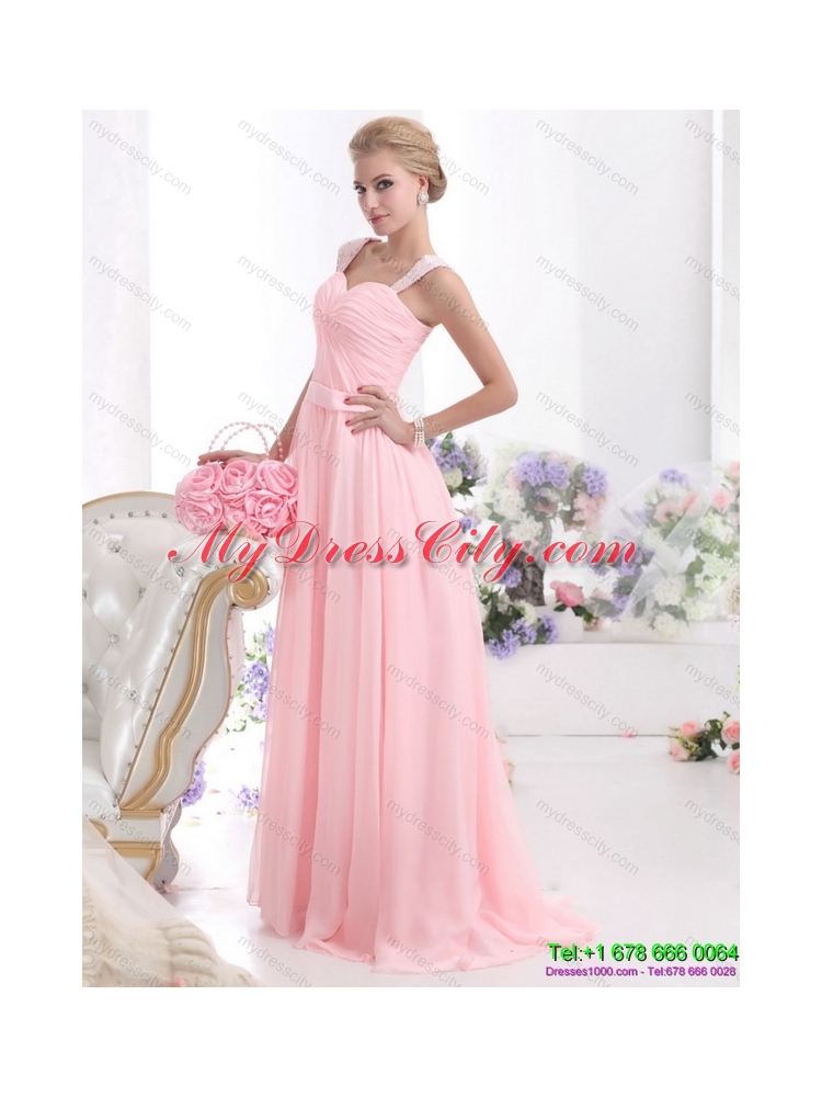 Designer 2015 Baby Pink Prom Dress with Brush Train and Ruching