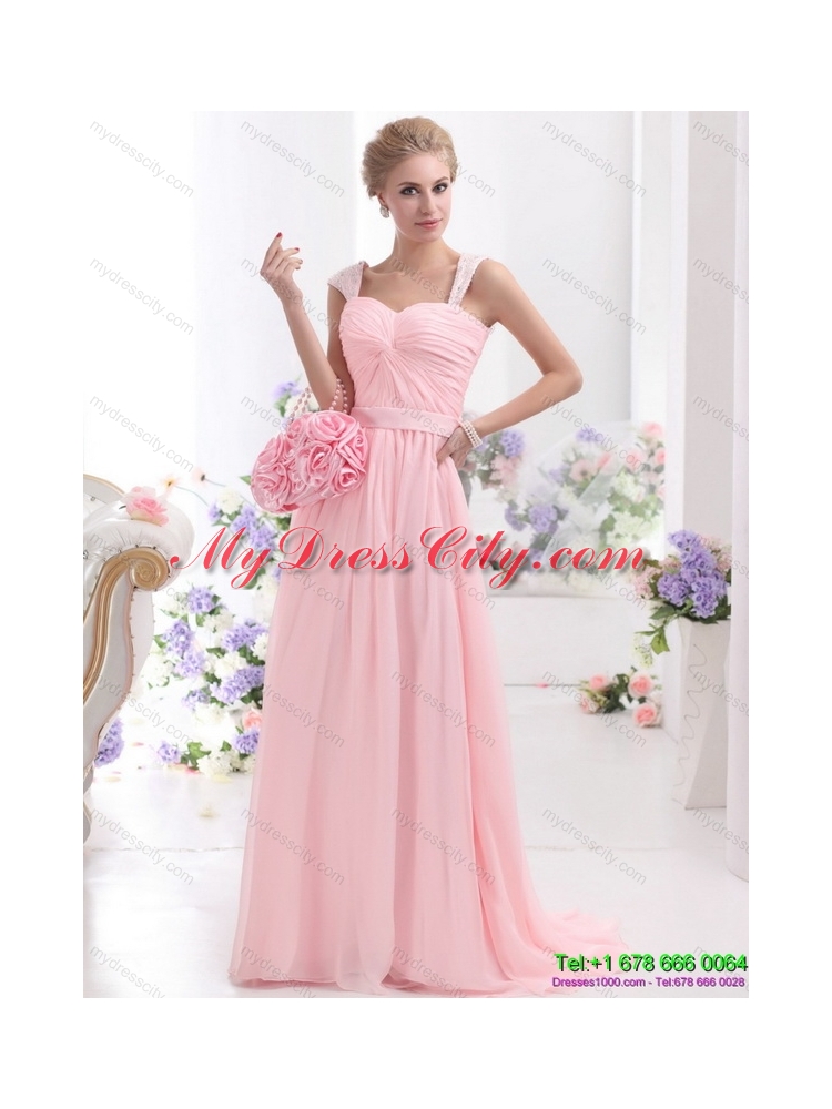 Designer 2015 Baby Pink Prom Dress with Brush Train and Ruching