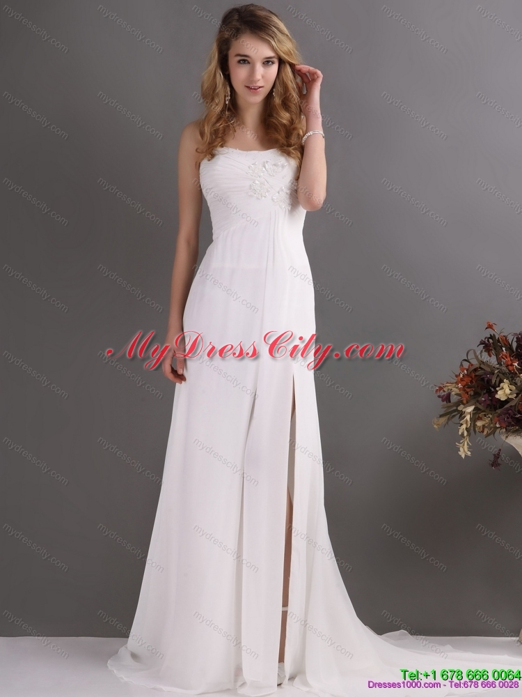 Designer Ruching and High Slit 2015 Prom Dress in White