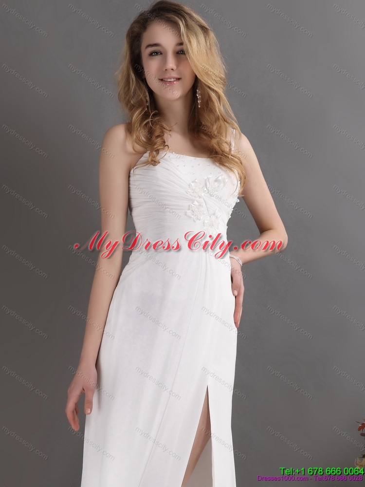 Designer Ruching and High Slit 2015 Prom Dress in White