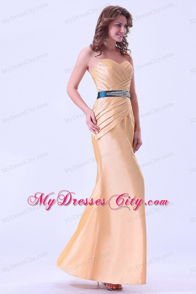 Gold Mermaid Homecoming Dress With Belt and Ruching