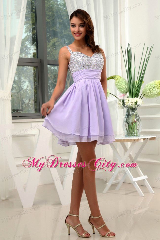 A-Line Lilac Beaded Homecoming Dress with Straps in Mini-length