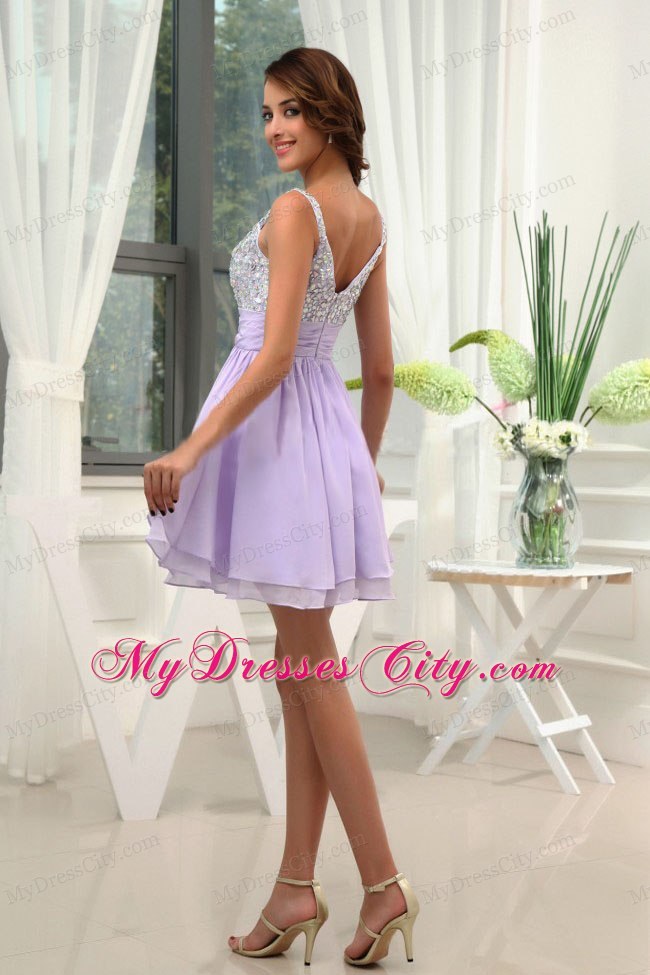 A-Line Lilac Beaded Homecoming Dress with Straps in Mini-length