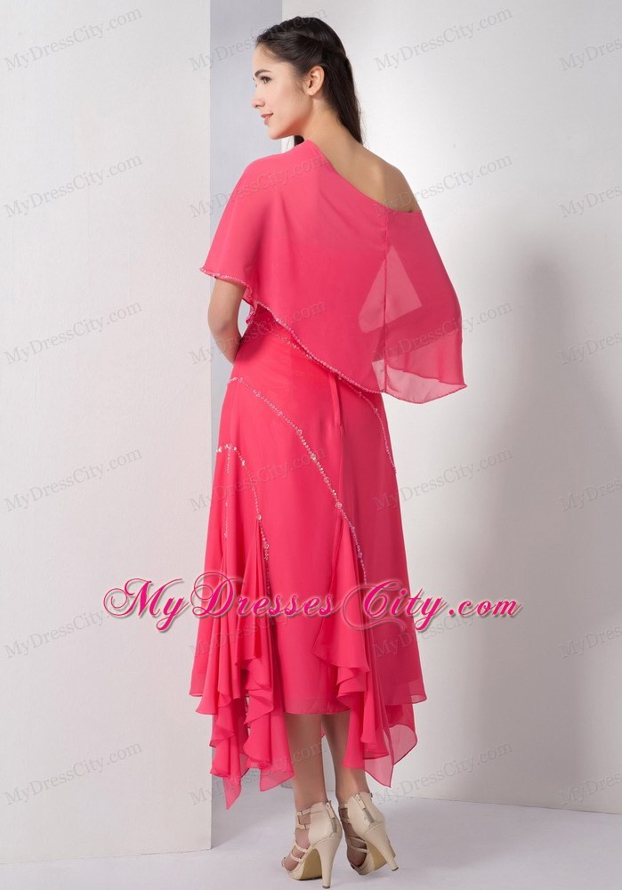 Tea-length Beaded Homecoming Dress in Coral Red with Cloak