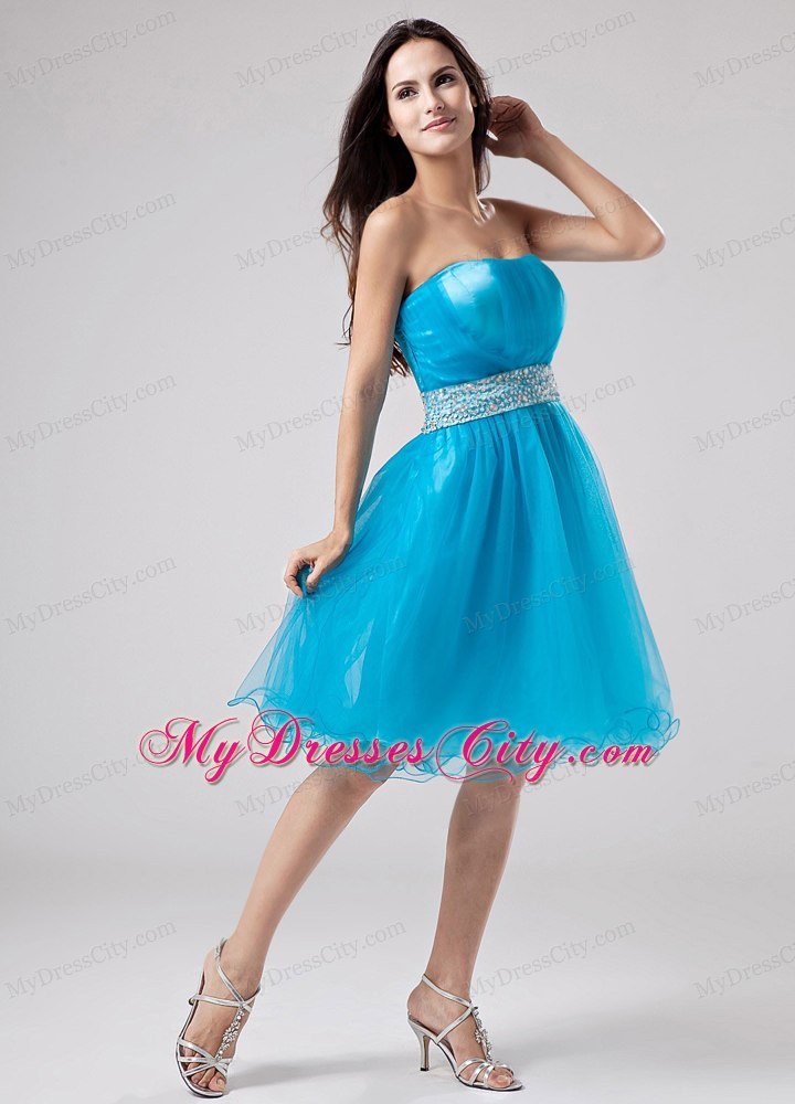 2014 Teal Strapless Organza Homecoming Dress With Sash and Ruche