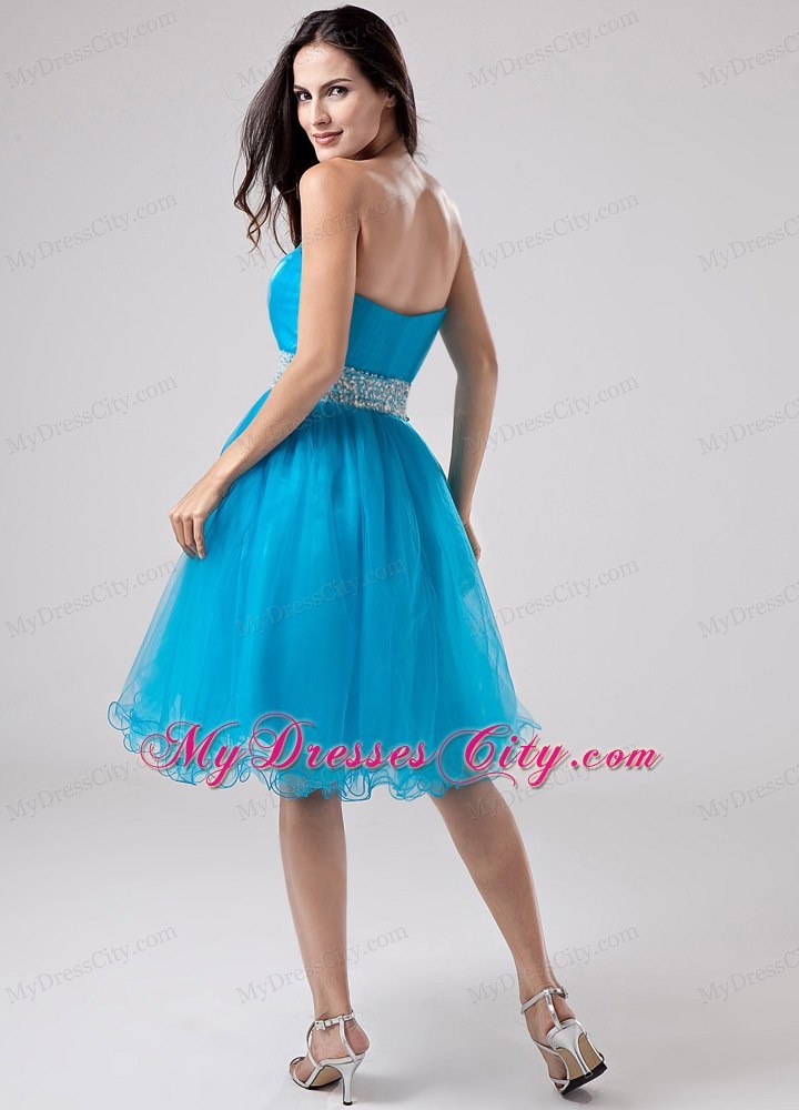 2014 Teal Strapless Organza Homecoming Dress With Sash and Ruche