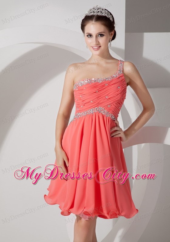 Orange Red Beading and Ruche Homecoming Dress One Shoulder Style