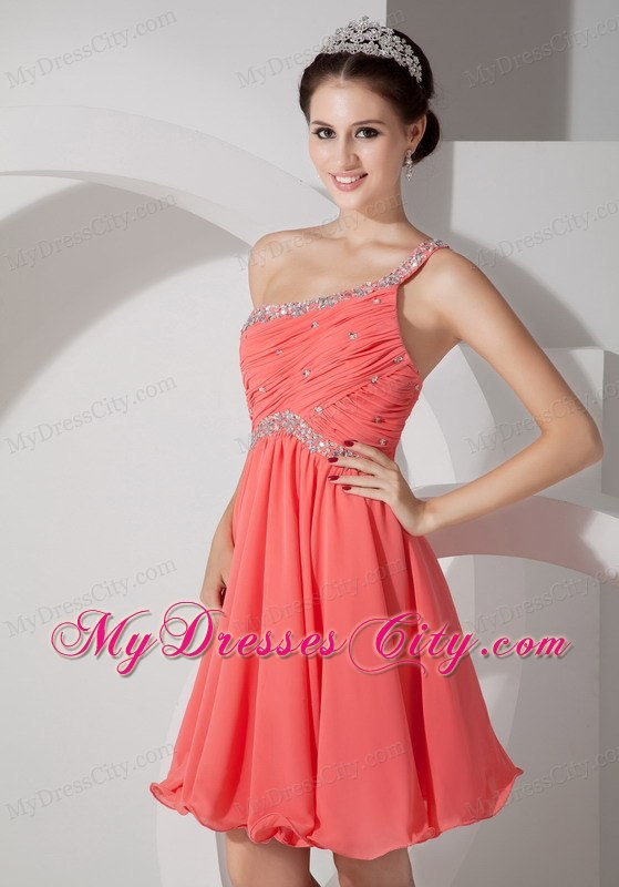 Orange Red Beading and Ruche Homecoming Dress One Shoulder Style
