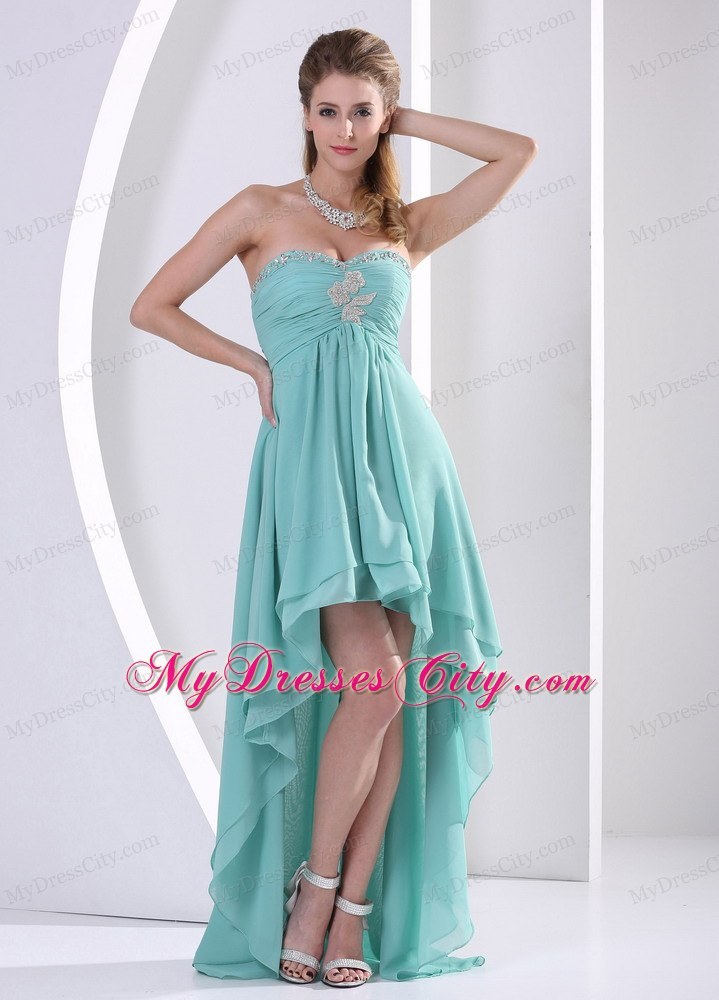 Highlow Turquoise Dress With Beading and Ruche For Party