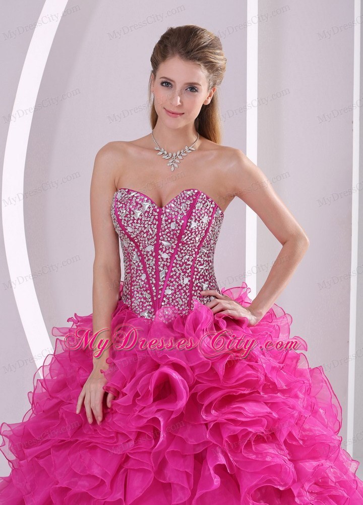 Hot Pink Ruffled Sweetheart Quinceanera Gowns with Beading