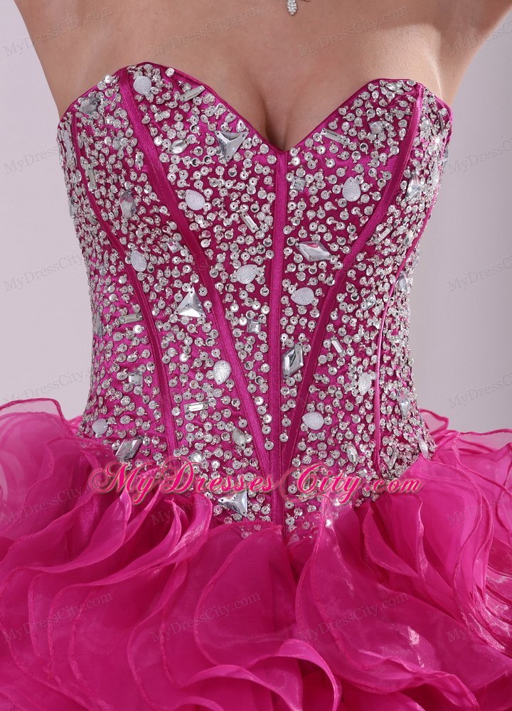 Hot Pink Ruffled Sweetheart Quinceanera Gowns with Beading