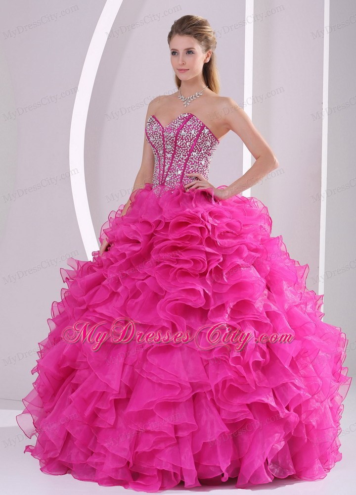 Hot Pink Ruffled Sweetheart Quinceanera Gowns with Beading