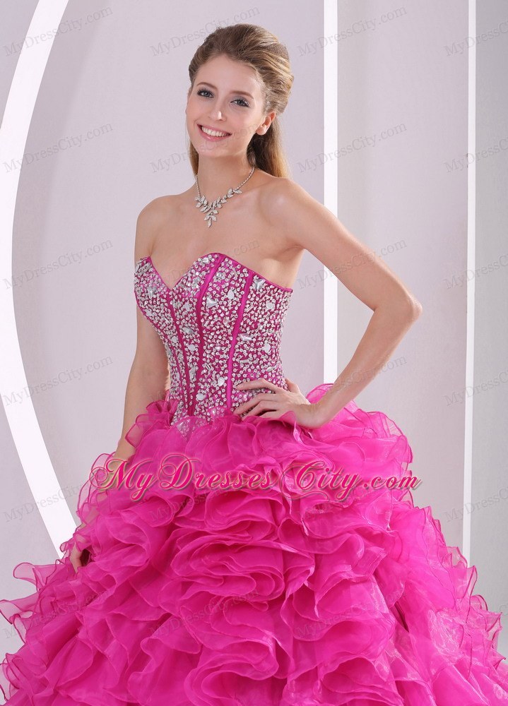 Hot Pink Ruffled Sweetheart Quinceanera Gowns with Beading