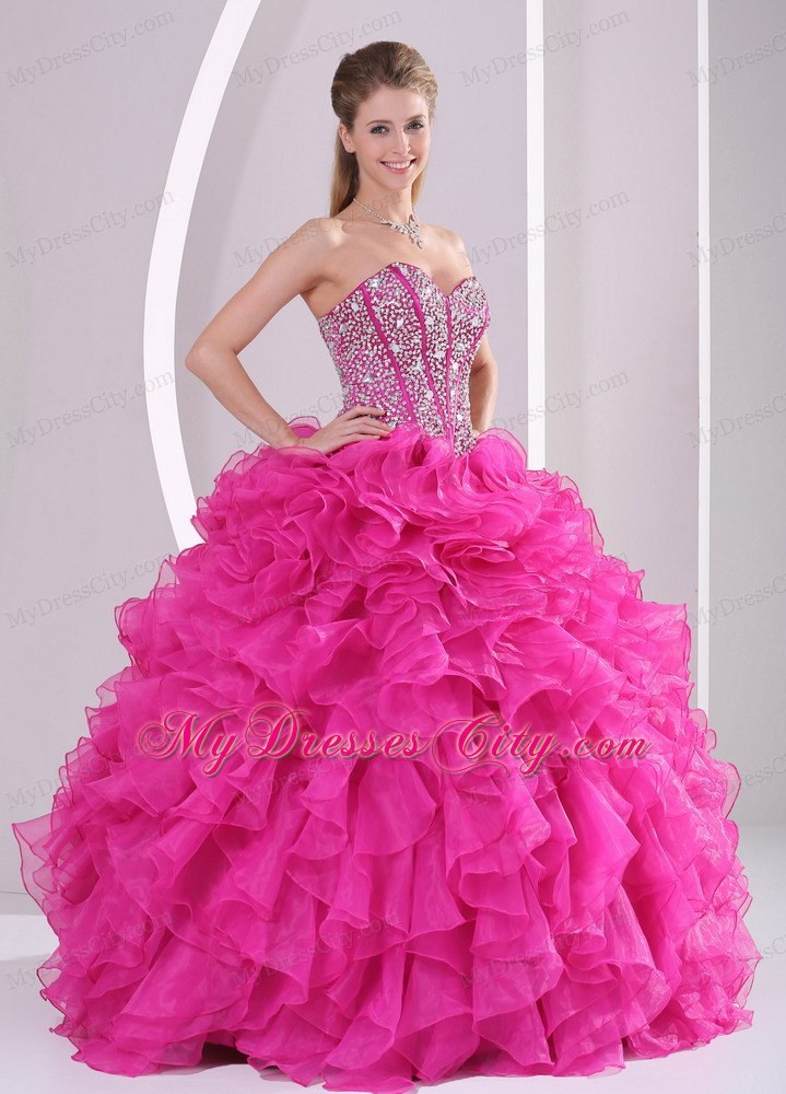 Hot Pink Ruffled Sweetheart Quinceanera Gowns with Beading