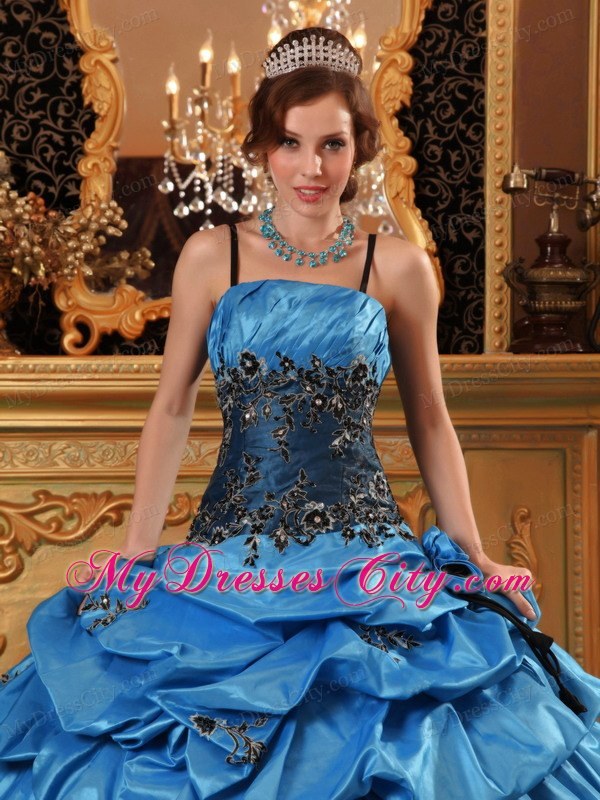 Taffeta Appliques Ball Gown Sweet 15 Dress in Blue with Straps