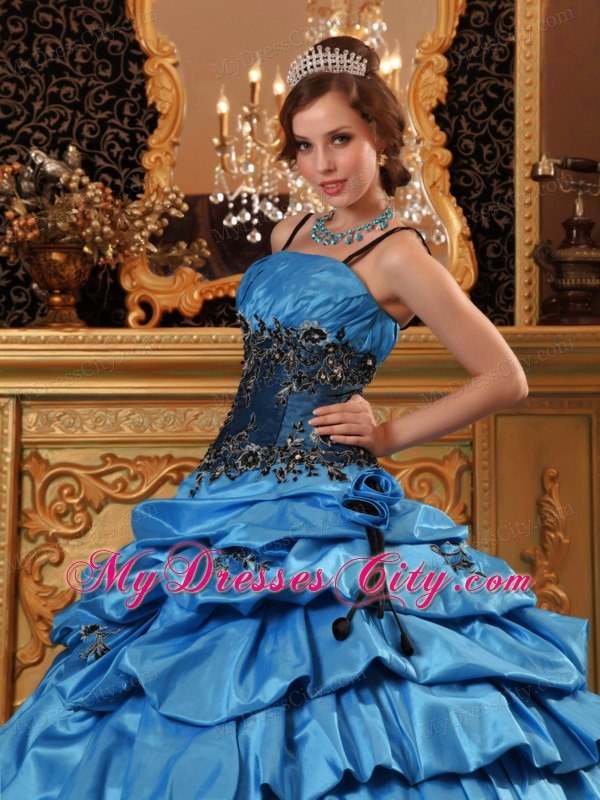 Taffeta Appliques Ball Gown Sweet 15 Dress in Blue with Straps
