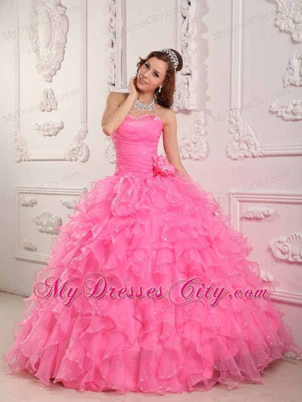 Sweetheart Organza Beading Rose Pink Quinceanera Dress
