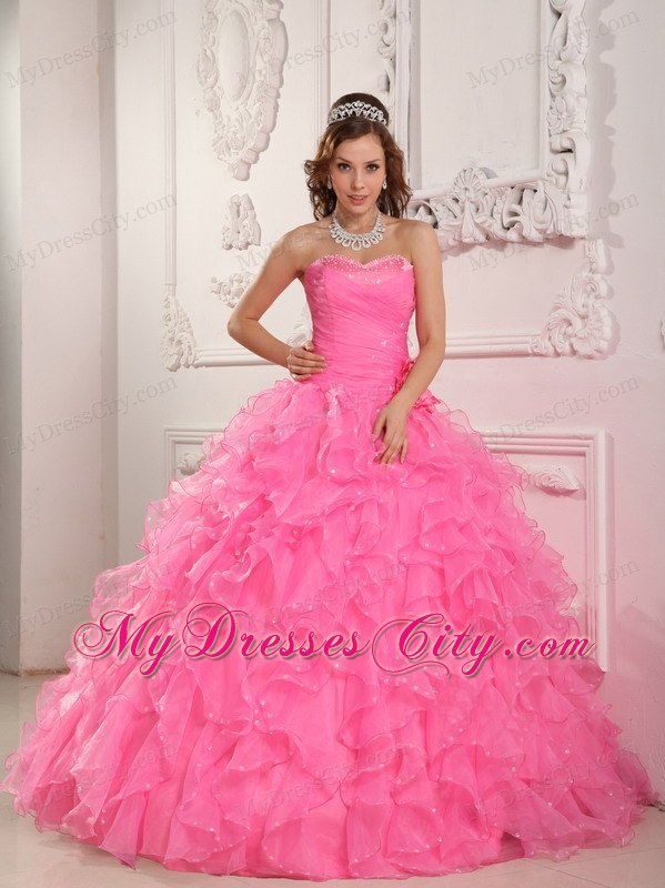 Sweetheart Organza Beading Rose Pink Quinceanera Dress