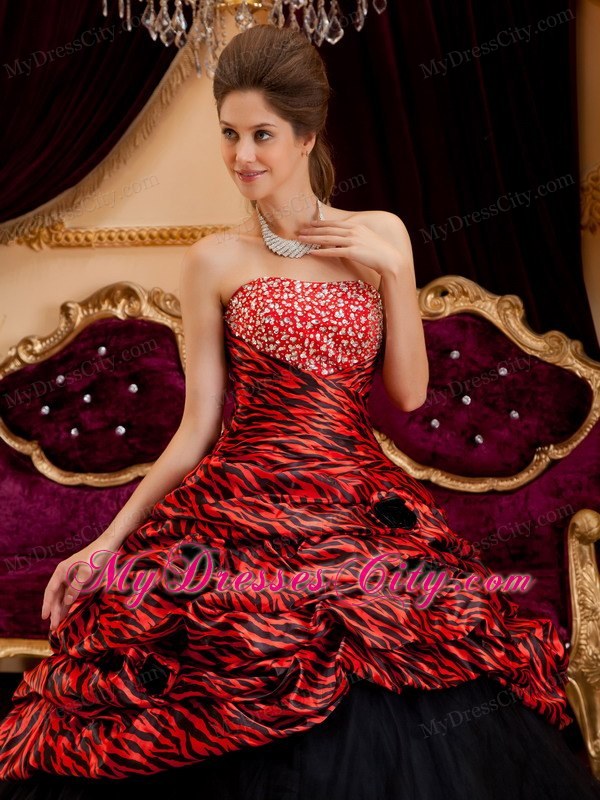 Red and Black Strapless Zebra and Tulle Quinceanera Dress