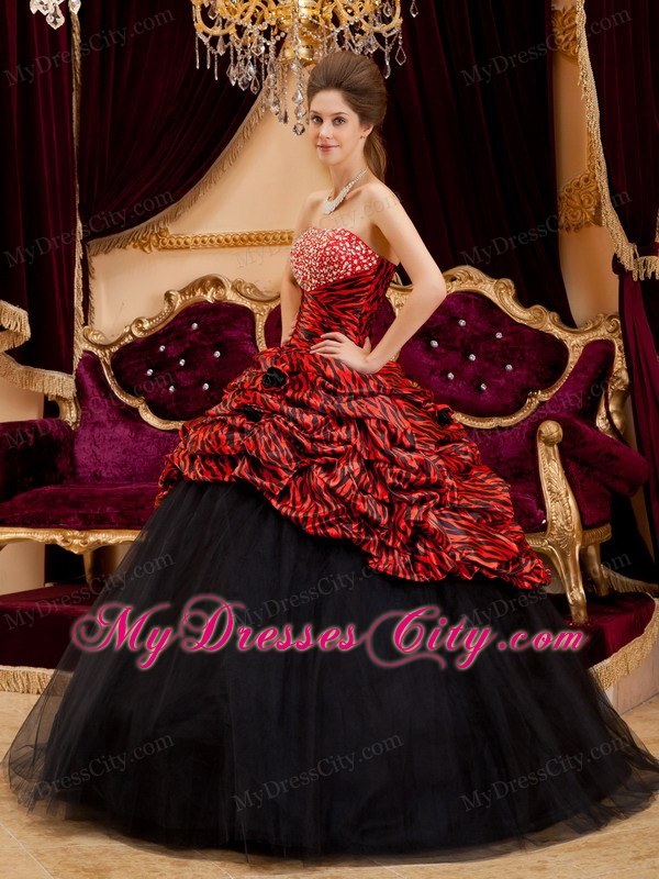 Red and Black Strapless Zebra and Tulle Quinceanera Dress