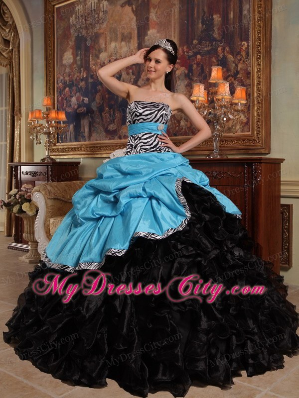 Zebra Strapless Ruffles Blue and Black Quinceanera Dress for Cheap
