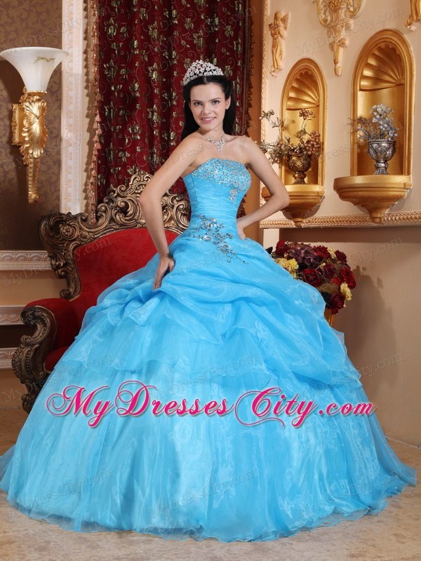 Strapless Beading Pick-up Aqua Blue Puffy Dress for Quince