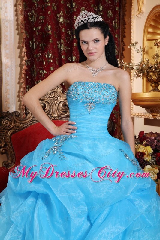 Strapless Beading Pick-up Aqua Blue Puffy Dress for Quince