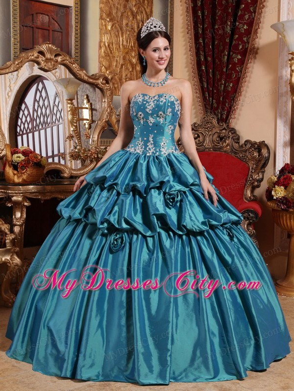 Taffeta Pick-up Teal Hand Flowers Quinceanera Dress with White Appliques