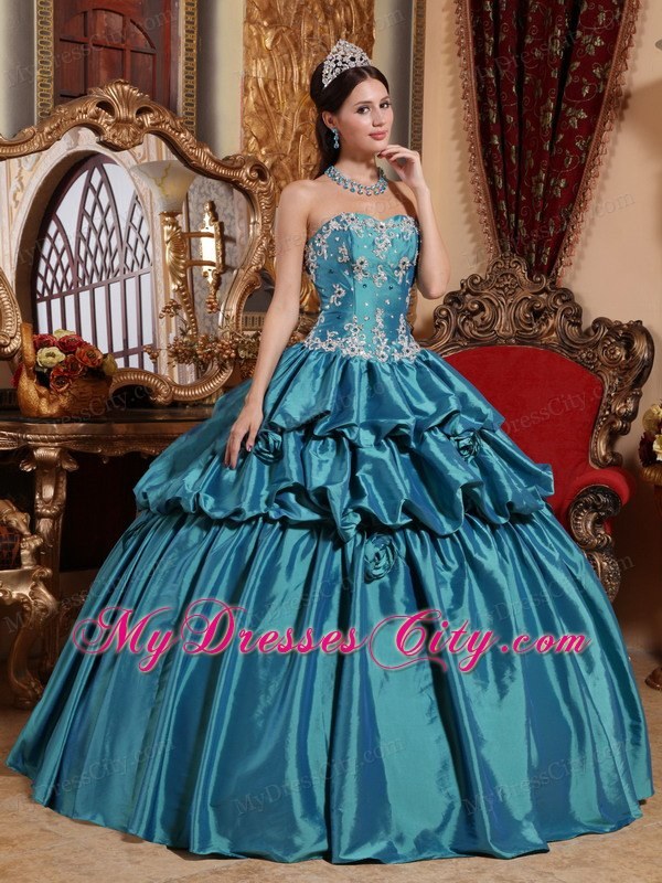 Taffeta Pick-up Teal Hand Flowers Quinceanera Dress with White Appliques