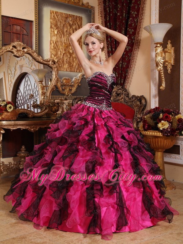 Sweetheart Beading Organza Ruffles Black and Red Quinceanera Dress