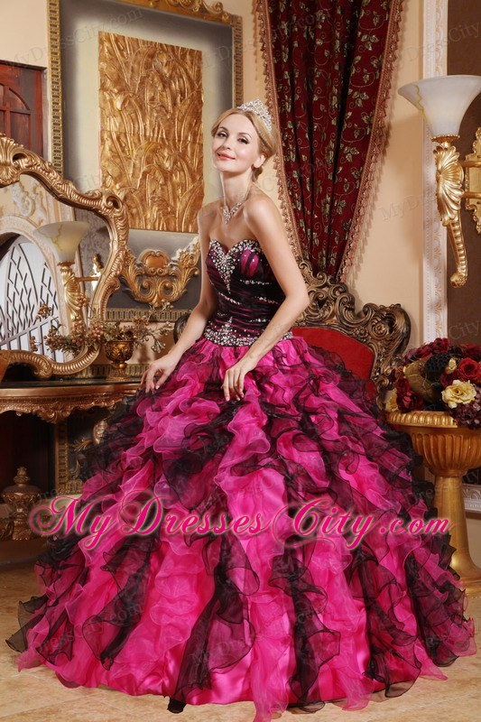 Sweetheart Beading Organza Ruffles Black and Red Quinceanera Dress
