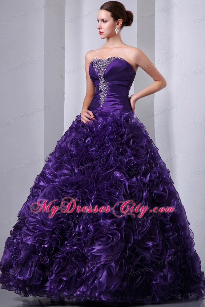 Strapless Beading Purple Quinceanera Dresses with Rolling Flowers