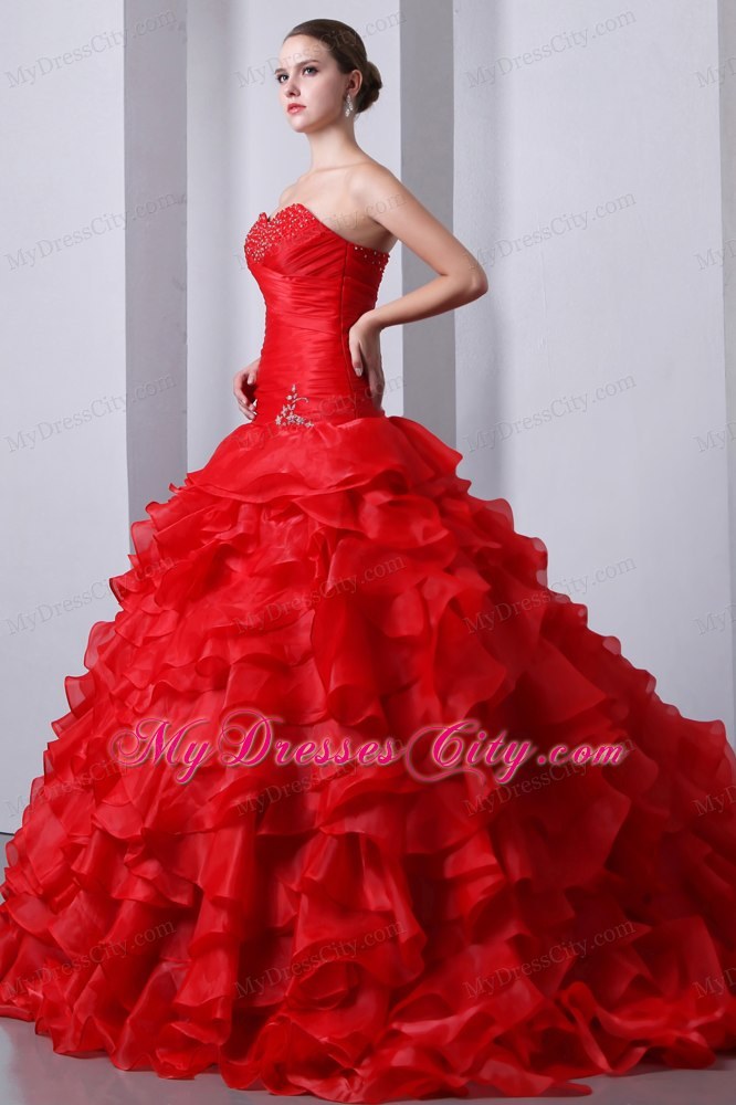Red Organza Sweetheart Beading and Ruffles Quinceanera Dress ...