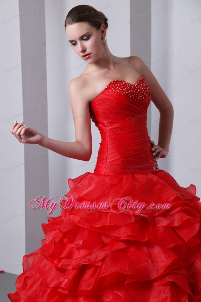 Red Organza Sweetheart Beading and Ruffles Quinceanera Dress