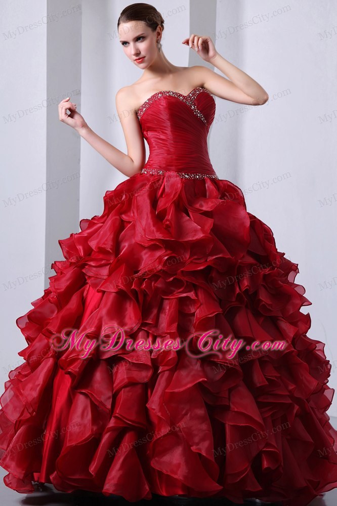 Wine Red Floor-length Organza Quinceanera Dress with Ruffles