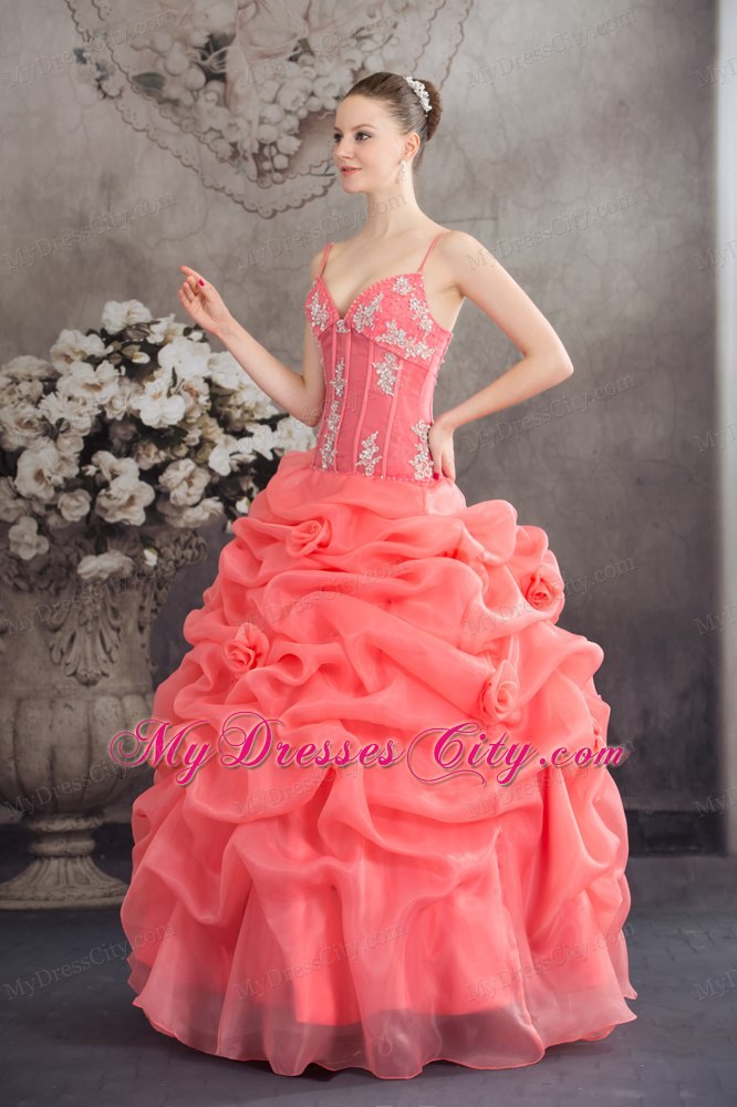 Quinceanera Dress Watermelon Spaghetti Straps with Appliques and Pick-ups