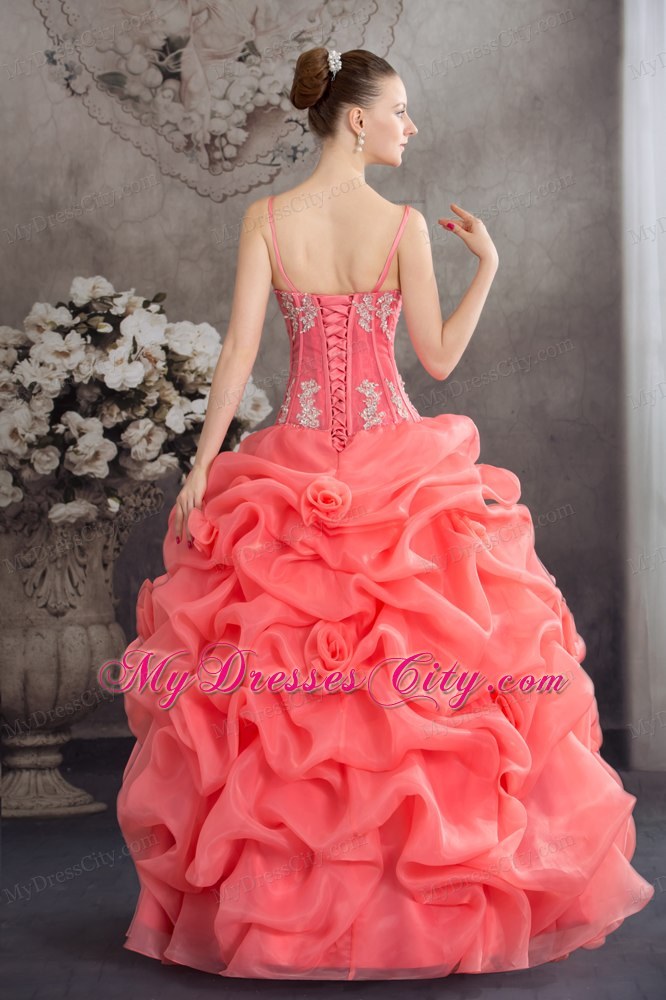 Quinceanera Dress Watermelon Spaghetti Straps with Appliques and Pick-ups