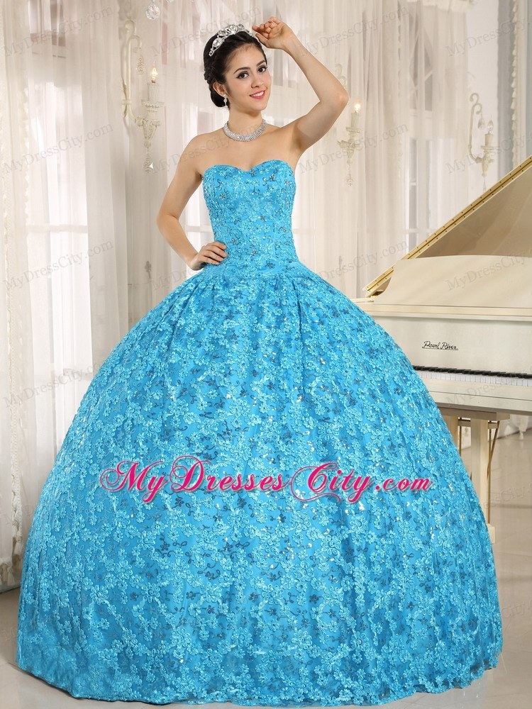 Teal Embroidery and Sequins Quinceanera Dress of Ball Gown