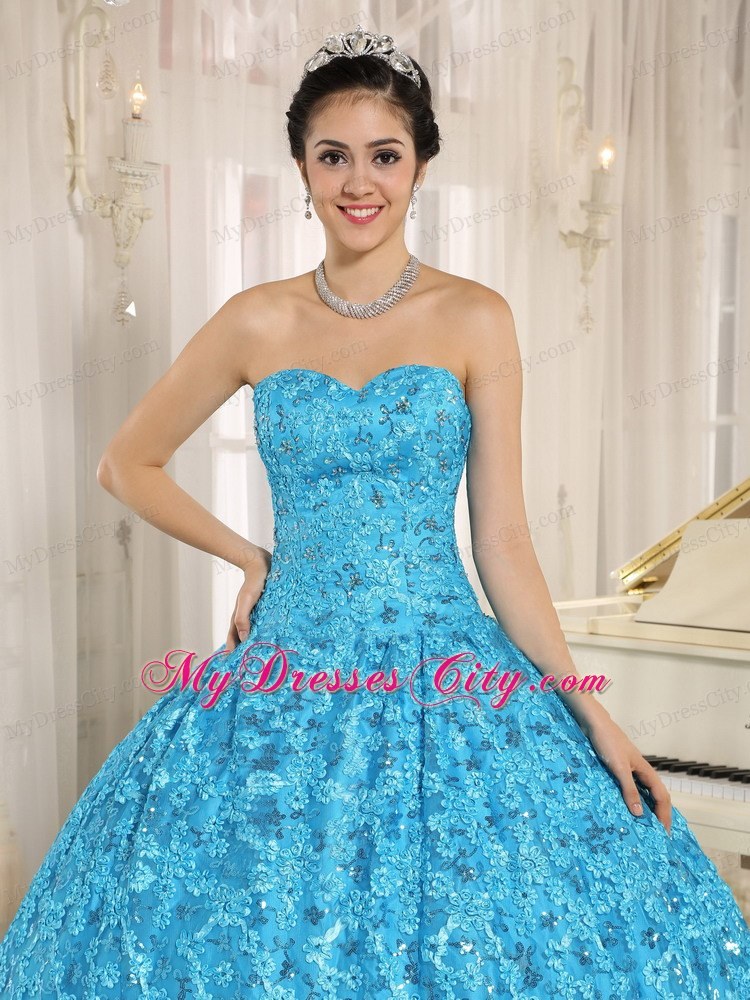 Teal Embroidery and Sequins Quinceanera Dress of Ball Gown